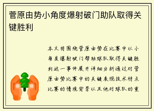 菅原由势小角度爆射破门助队取得关键胜利 菅原由势小角度爆射破门助队取得关键胜利