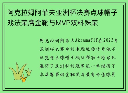 阿克拉姆阿菲夫亚洲杯决赛点球帽子戏法荣膺金靴与MVP双料殊荣